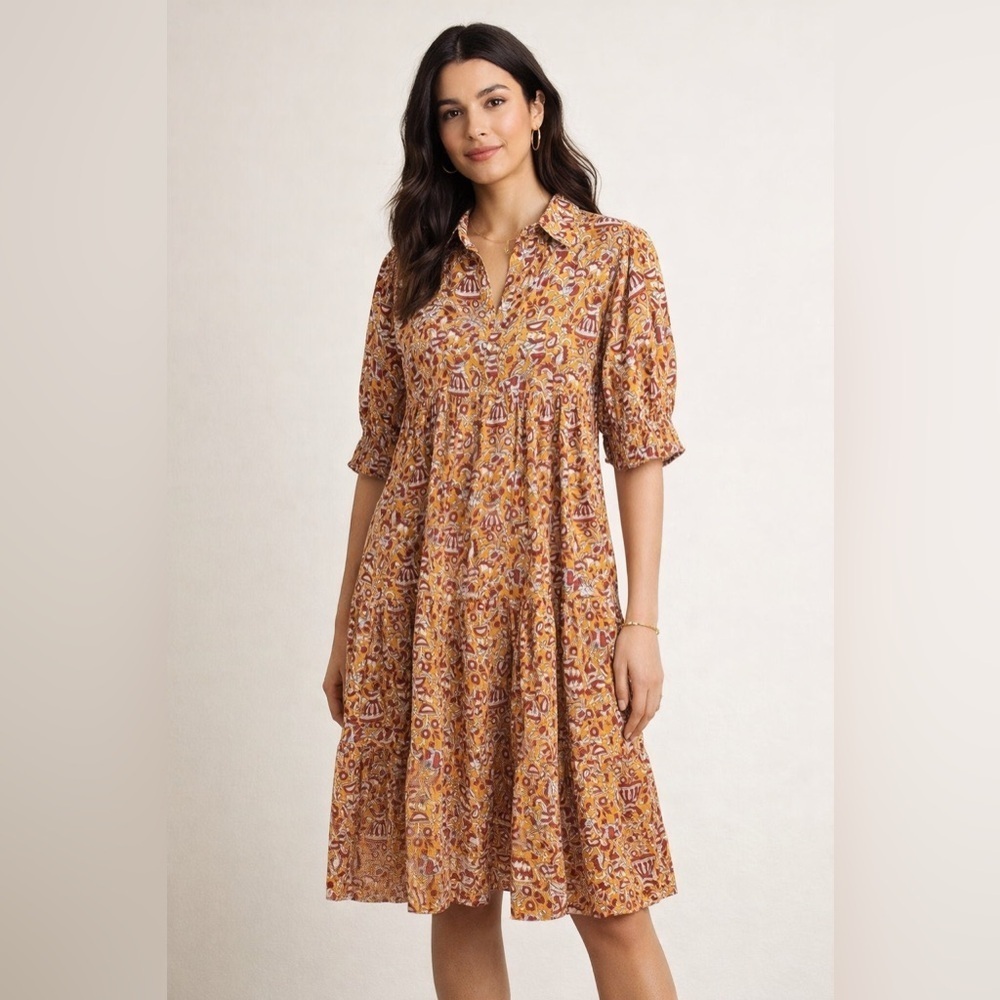 Fox & Hen Block-Printed Cotton Tiered Vibrant Patterned Midi Dress size XS